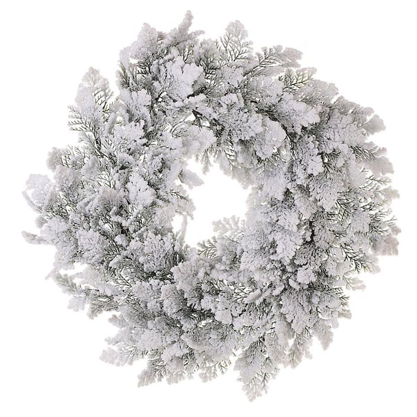 28 in. White Artificial Snowy Acadia Cedar Wreath