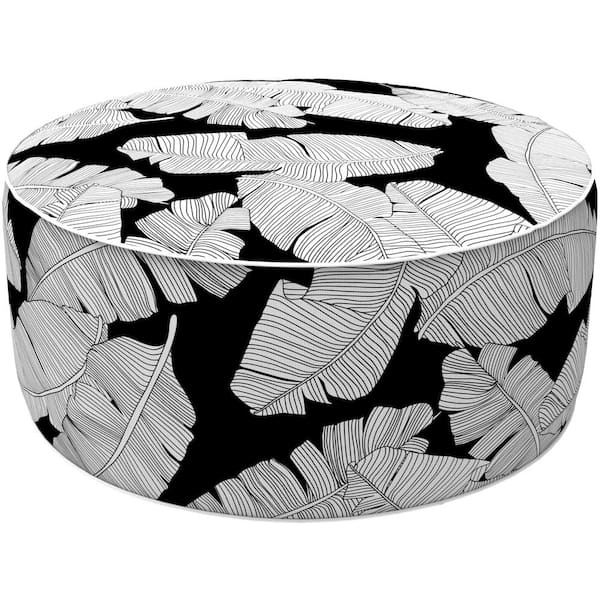 Angel Sar 21 in. Round Plastic Outdoor Inflatable Ottoman with Handle for Patio Garden Camping, Black and White Leaves