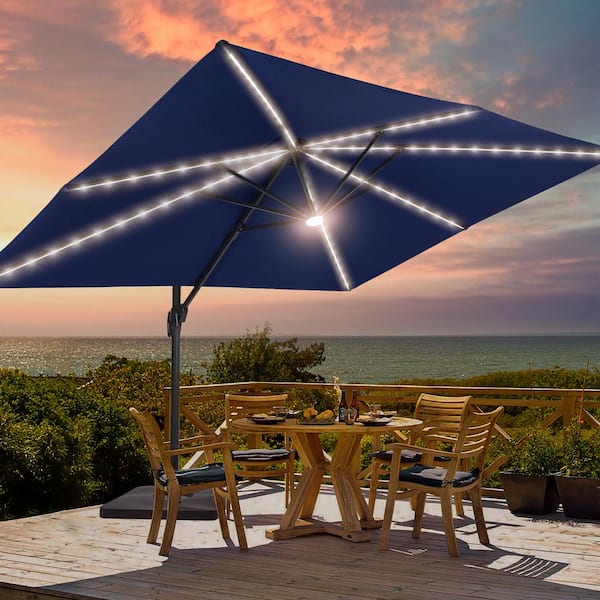 Sonkuki Navy Blue Premium 11.5 x 9 ft. LED Cantilever Patio Umbrella 360° Rotation Infinite Canopy Angle Adjustment