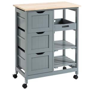 Grey Rubberwood Top Kitchen Cart Island with Drawer Storage and Shelves