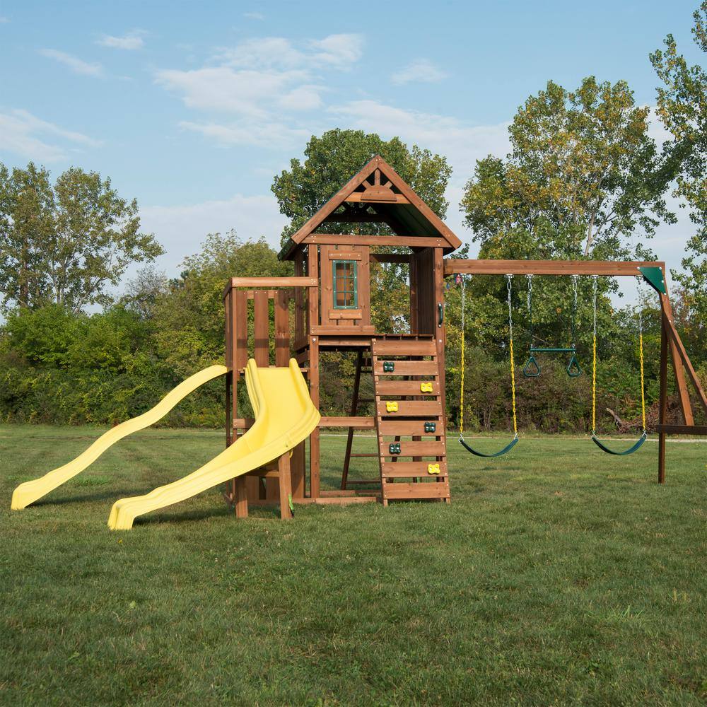 Castlebrook Wooden Swing Set with Yellow Slides and Climbing Wall