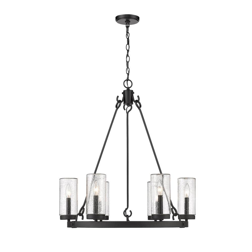 Marlow Matte Black Steel 6-Light Outdoor Pendant with Clear Seedy Glass