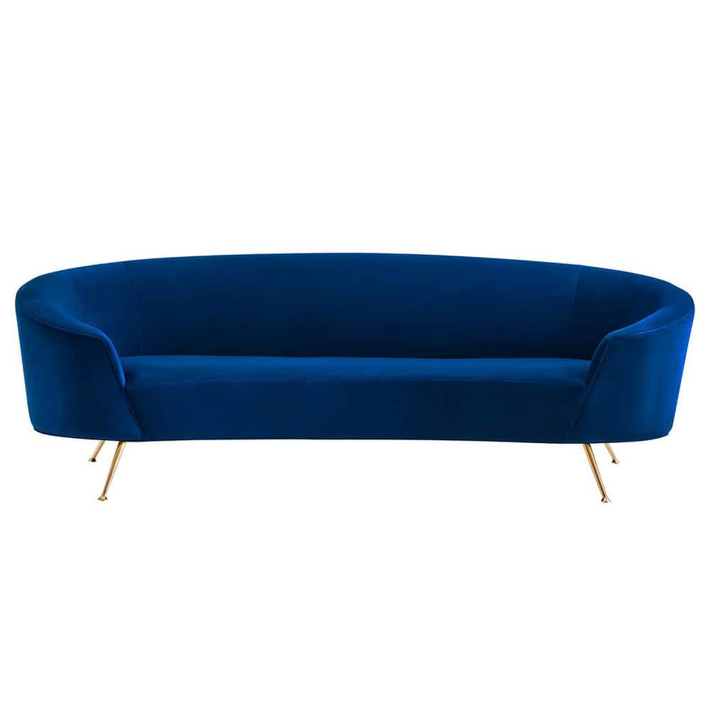 Navy Velvet Curved Sofa with Gold Legs and Sloped Arms
