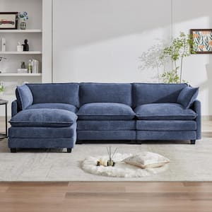 112.2 in. W 4-Piece Modern Fabric Looped Velvet Sectional Sofa with Ottoman in Navy