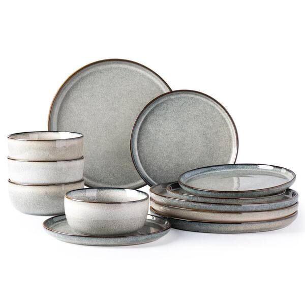 Stoneware Dinnerware Set for Four 12 Pieces Reactive Glaze Scratch Resistant Dishwasher Safe Green Wheat
