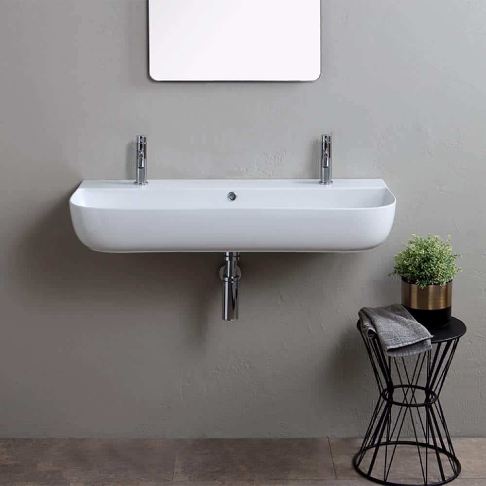 Glossy White Ceramic Wall-Mount Rectangular Bathroom Sink