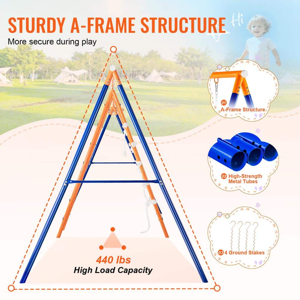 Orange and Blue 6-in-1 Metal Swing Set with Climbing Net