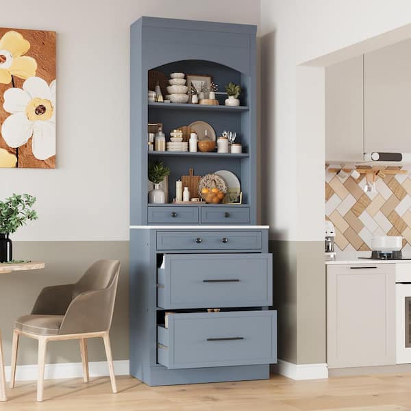 Chester Gray Faux Marble Top 28.7 in. Buffet Sideboard Tall Storage Cabinet with Adjustable Shelves, Drawers