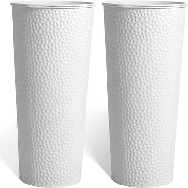 28 in. H. Metal Cone Planters 2-Pack (White Hand-Hammered) - w/ Inner Pots & Water Level Indicator, Indoor/Outdoor Use