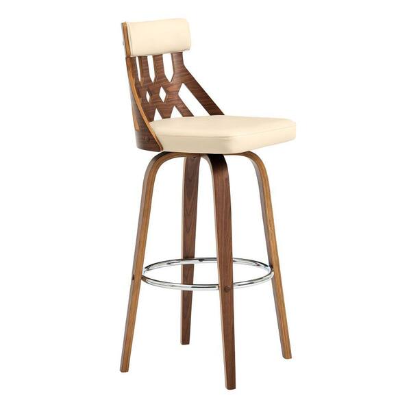 Benjara 30 in. Cream Low Back Wooden Frame Bar Stool with Faux Leather Seat