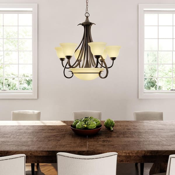 Progress Lighting Torino Collection 6-Light Forged Bronze Tea-Stained Glass Transitional Chandelier Light