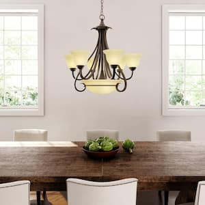 Torino Collection 6-Light Forged Bronze Tea-Stained Glass Transitional Chandelier Light