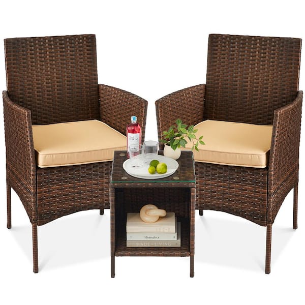 SKY6381 2 Chairs, 3-Piece The with Depot Tan - Wicker Brown Best Bistro Products Choice Home Cushions, Outdoor Table Set