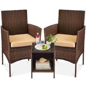 3-Piece Outdoor Wicker Conversation Patio Bistro Set, w/ 2-Chairs, Table, Cushions - Brown/Tan