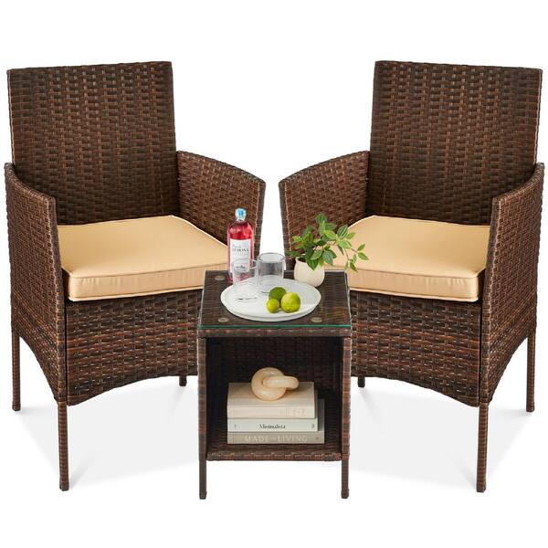 Best Choice Products Brown 3Piece Wicker Outdoor Bistro Set with Tan