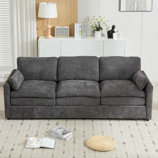 89 in. Rolled Arm Chenille Rectangle with Plush Cushion and 3-Seater Sofa in Grey