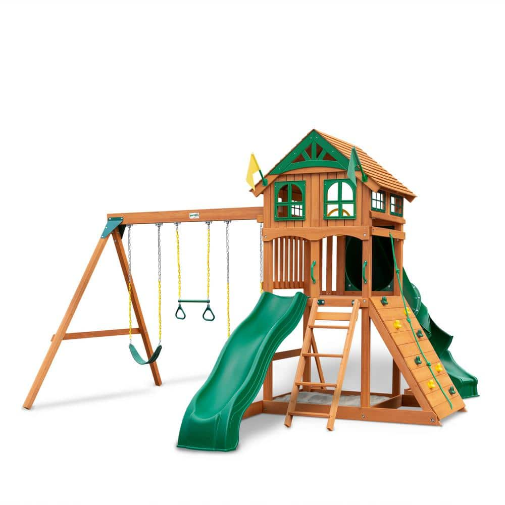 Gorilla Playsets DIY Outing III Wooden Outdoor Playset with Wood Roof, Tube Slide, Rock Wall, Sandbox, and Backyard Swing Set Accessories