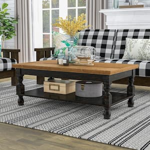 Heavenly 47.5 in. Antique Black and Oak Rectangle Wood Coffee Table with Open Shelf