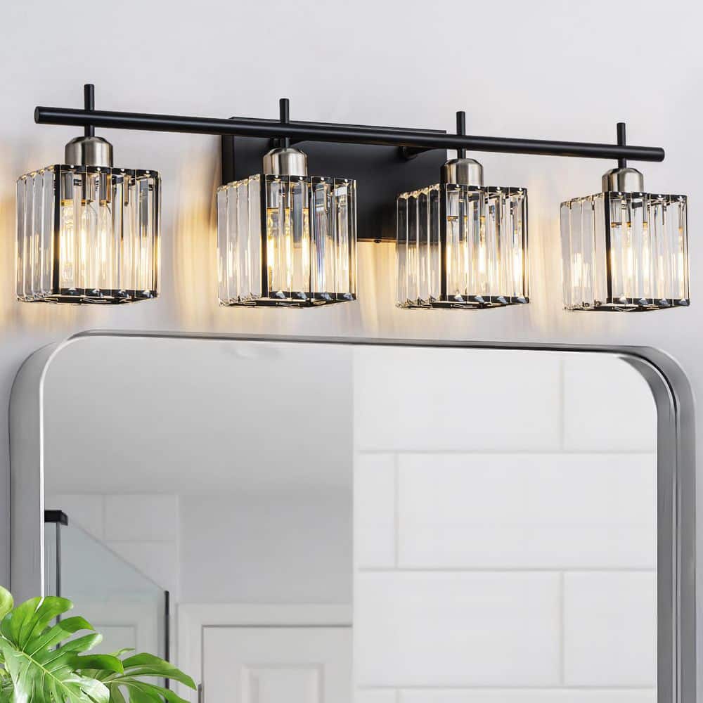 TinHon 28 in. 4-Light Matte Black and Brushed Nickel Crystal