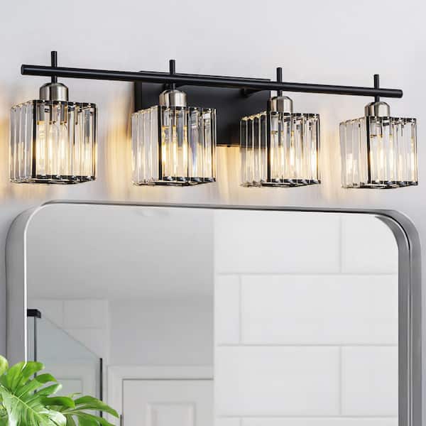 TinHon 28 in. 4-Light Matte Black and Brushed Nickel Crystal Vanity Light, Modern Wall Mount Bathroom Light Fixture Over Mirror