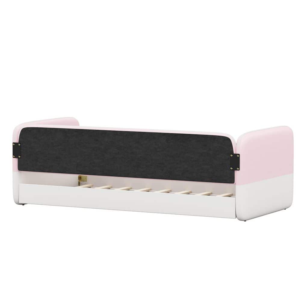 Platform bed frame with dark grey headboard and white base.