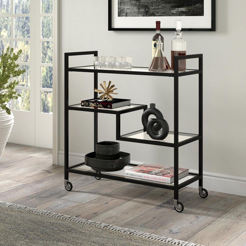 Blackened Bronze 33" Bar Cart with Glass Shelves