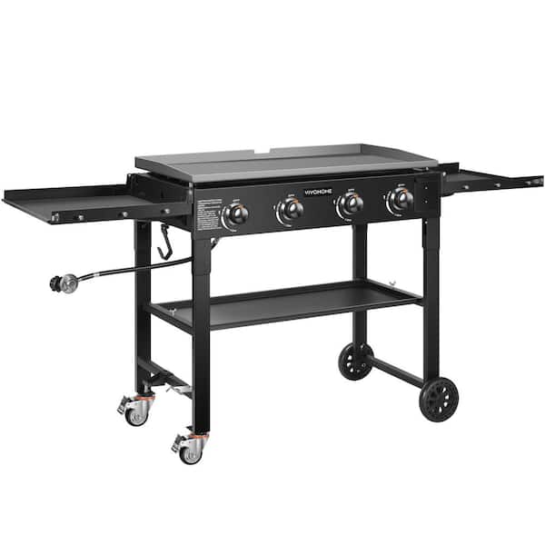 Portable 4-Burner 60,000 BTU Flat Top Propane Gas Grill in Black with Foldable Legs