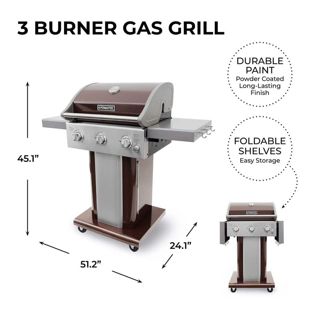 Mocha Stainless Steel 3-Burner Propane Gas Grill with Foldable Side Tables