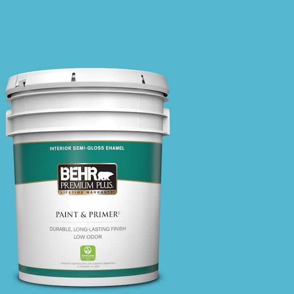 BEHR PREMIUM PLUS 5 gal. #520B-5 Liquid Blue Semi-Gloss Enamel Low Odor Interior Paint & Primer