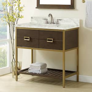 36 in. Modular Freestanding Bathroom Vanity Brown Solid Wood Storage Cabinet Carrara Marble Vanity Top