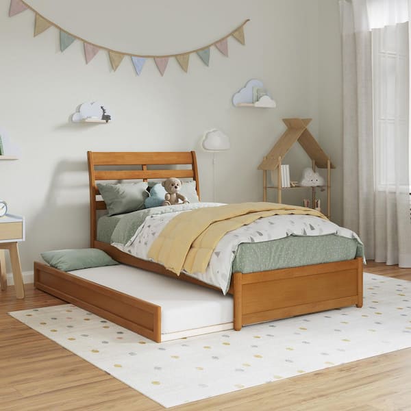 AFI Emelie Light Toffee Natural Bronze Solid Wood Frame Twin Platform Bed with Panel Footboard and Twin Trundle