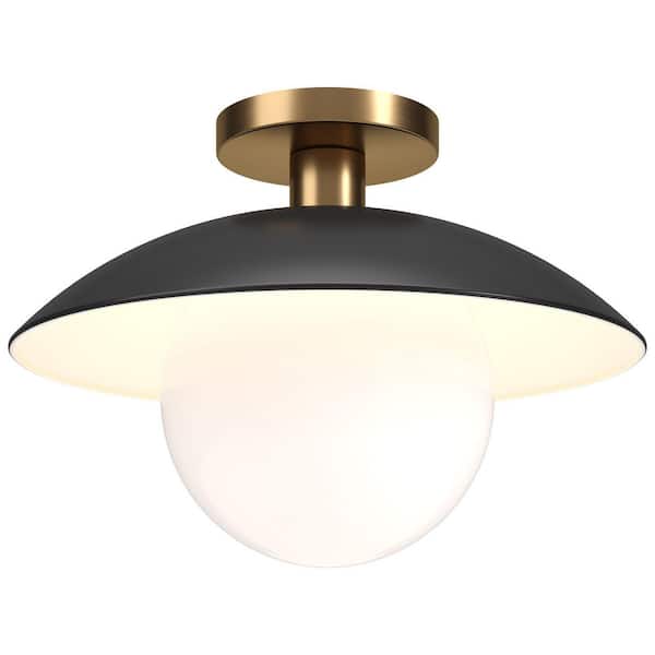 Alvia 14.5 in. Brass Matte Black and White Metal Semi-Flush Mount