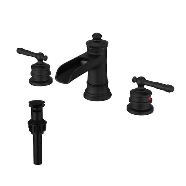 FLG 8 in. Widespread Double Handle Bathroom Faucet with Drain Assembly Waterfall Bathroom Sink Vanity Taps in Matte Black
