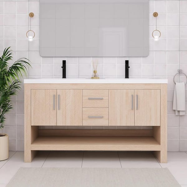 60.00 in. W Freestanding Bath Vanity in Light Oak with White Acrylic Top