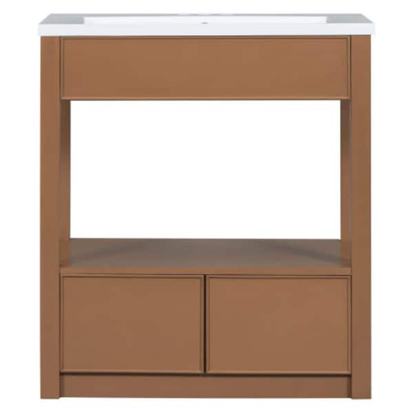 Sanlan BY05 30.00 in. W x 18.30 in. D x 34.00 in. H Freestanding Bath Vanity in Brown with White Top