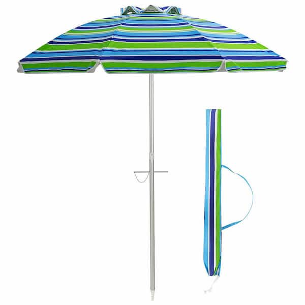 Costway 6.5 ft. Aluminum Beach Umbrella Sun Shade Tilt in Green/Blue Stripe