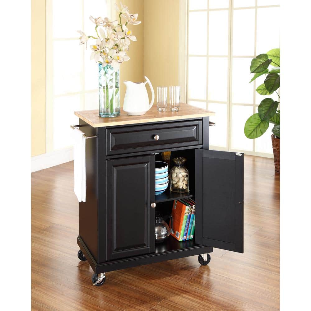 Black Wood Kitchen Cart with Natural Top and Storage