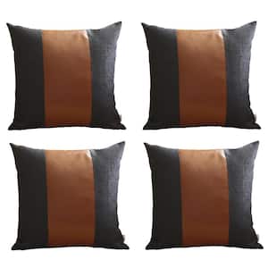 Bohemian Vegan Faux Leather Black and Brown 18 in. x 18 in. Square Solid Throw Pillow Set of 4