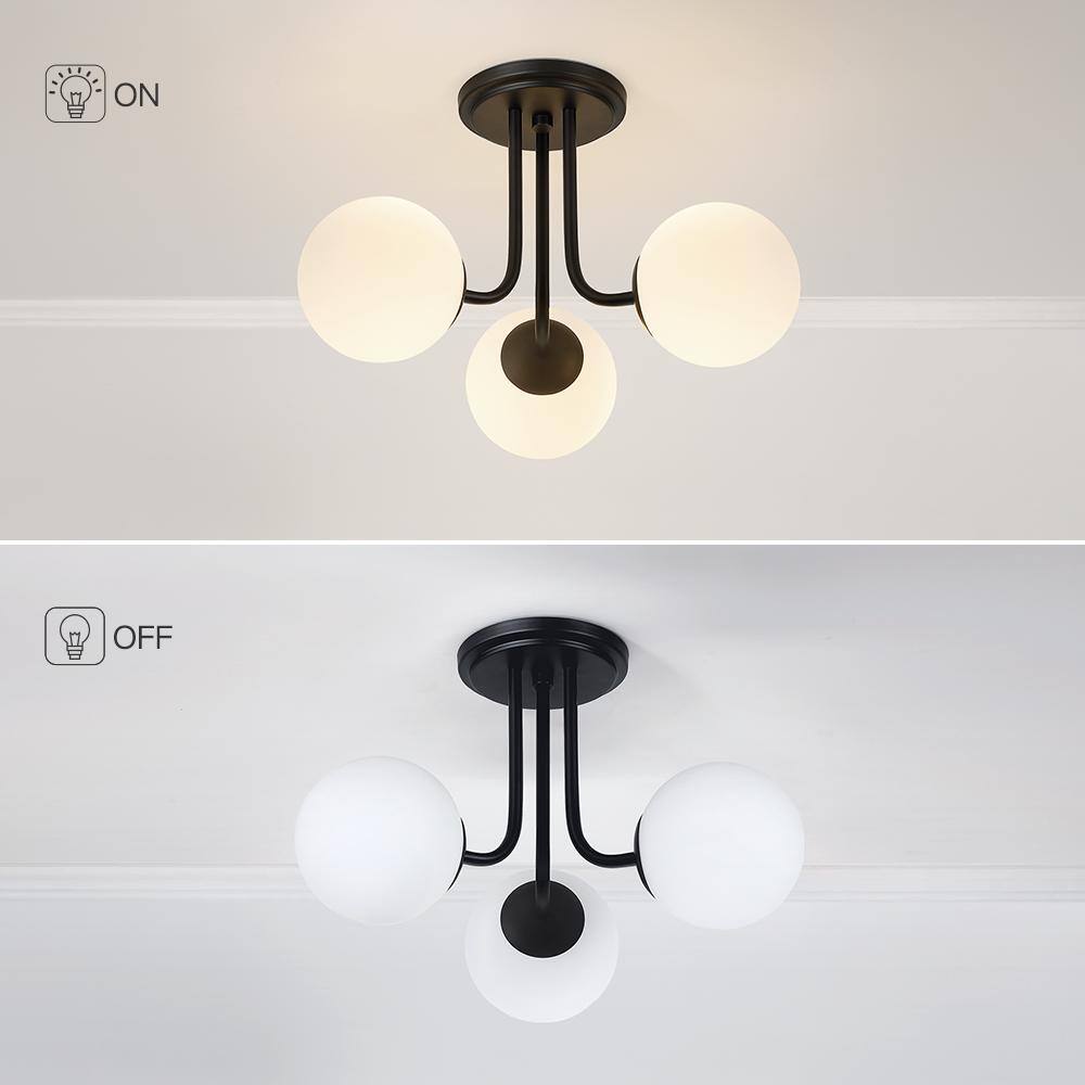 Opal Matte Black and White Glass Globe LED Semi-Flush Mount Light