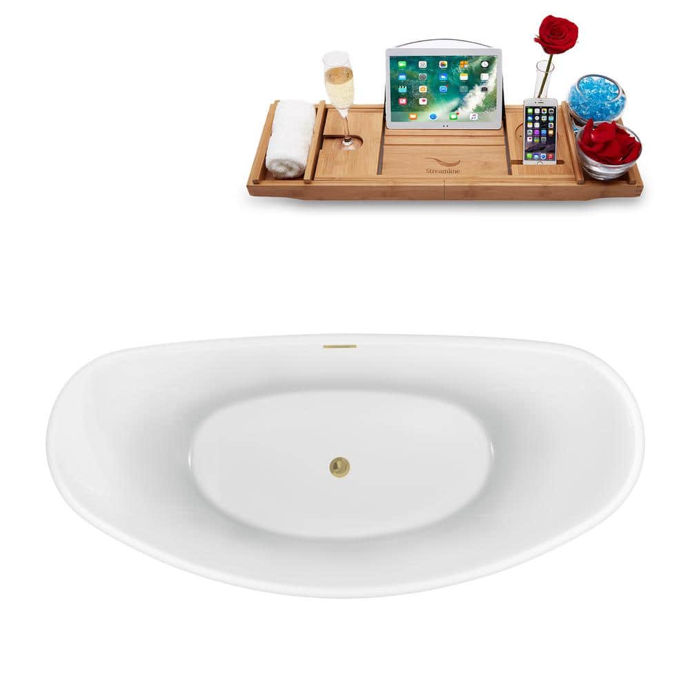 75" Glossy White Acrylic Freestanding Soaking Bathtub with Brushed Brass Drain