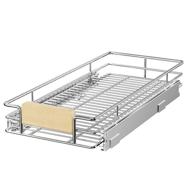 HOMEIBRO Space Saver Silver Metal Pull-Out Organizer for Kitchen Wooden Handle Slide Out Storage