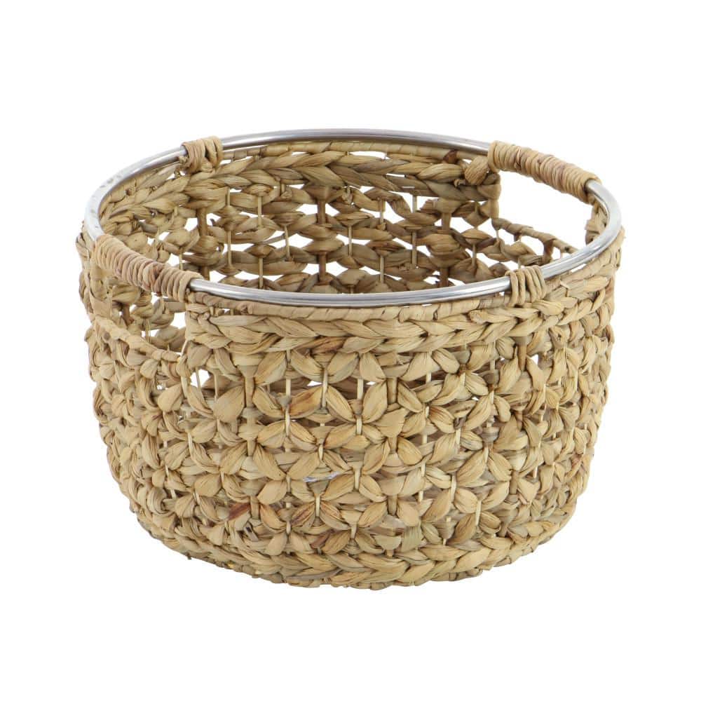 Polished Seagrass Round Storage Basket with Metal Handles