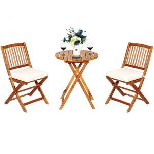 3-Piece Acacia Wood Foldable Outdoor Bistro Set with Beige Cushions Outdoor Furniture Set