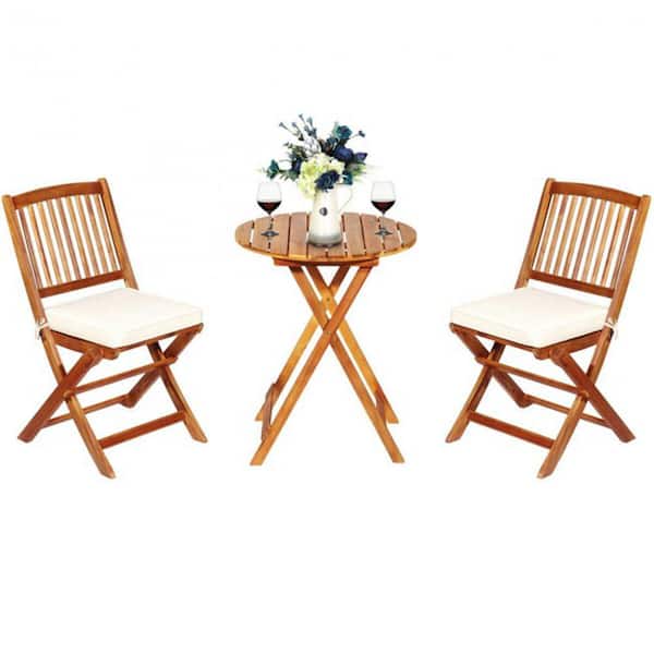 FORCLOVER 3-Piece Acacia Wood Foldable Outdoor Bistro Set with Beige Cushions Outdoor Furniture Set
