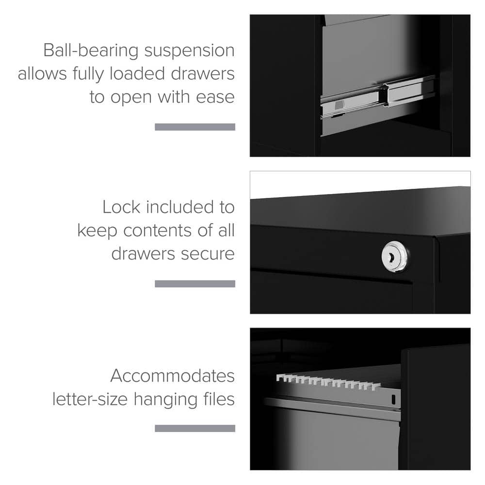 Black Steel 3-Drawer Lockable Vertical File Cabinet