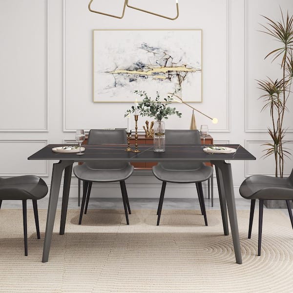 63 in. Black Sintered Stone with Gray Metal 4-Legs Dining Table (Seats-6)
