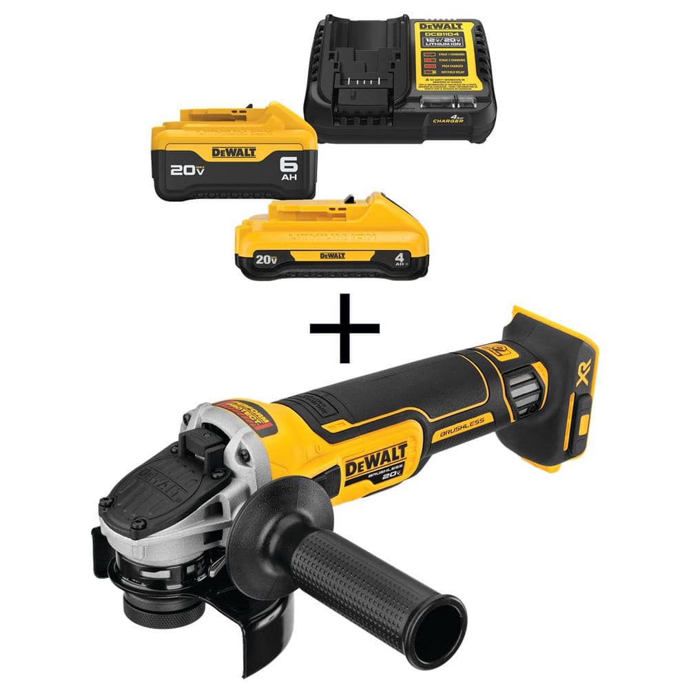 DEWALT 20V MAX XR Cordless Brushless 4-1/2 in. Slide Switch Small Angle Grinder with 6.0 Ah and 4.0 Ah Starter Kit