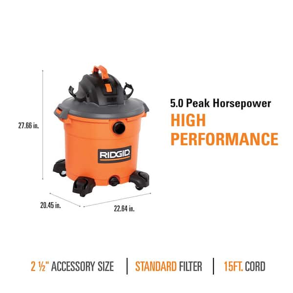 RIDGID - 16 Gallon 5.0 Peak HP NXT Shop Vacuum Wet Dry Vac with General Debris Filter, Locking Hose and Accessory Attachments
