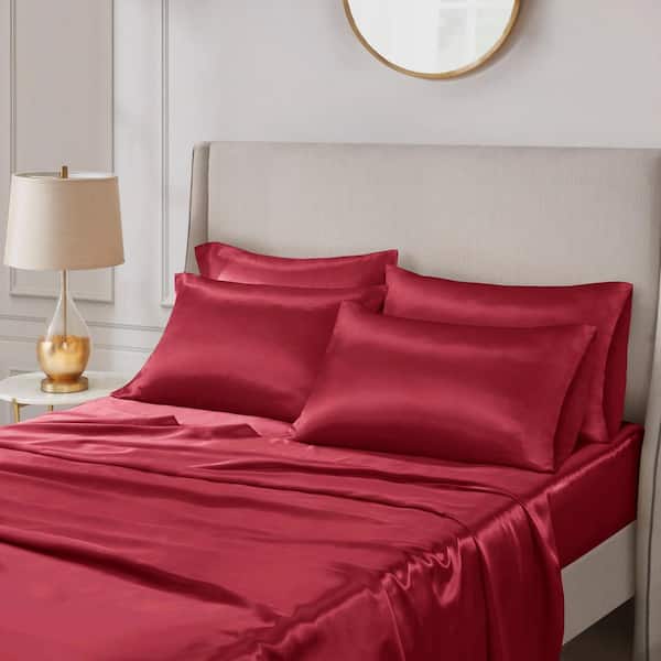 Madison Park Satin 6-Piece Red Solid Polyester Queen Luxury Sheet Set