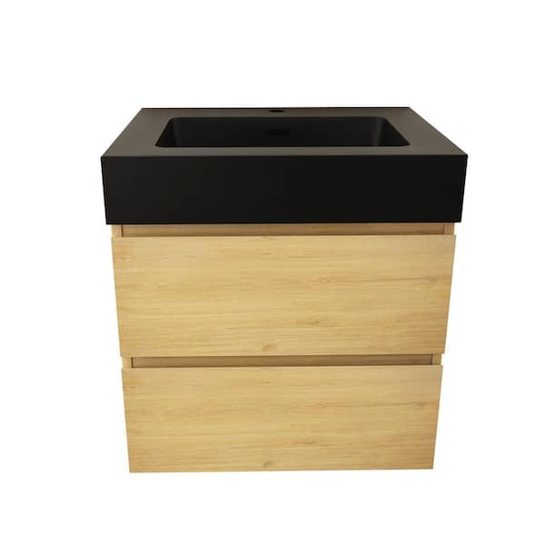 Unbranded 24 in. W x 18 in. D x 25 in. H Freestanding Bath Vanity in Light Oak with Black Solid Surface Top